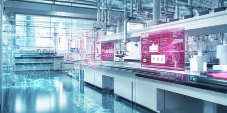 A high-tech 3D background displaying an ultra-modern laboratory with holographic interface panels and transparent touchscreens. The sleek, sterile environment exudes innovation and precision.の素材