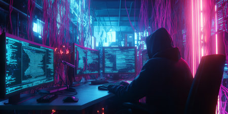 A neon-futuristic 3D background of an underground hacker den, filled with glowing monitors, tangled cables, and digital code streaming across holographic displays. A mysterious figure in a hooded jacket types furiously, orchestrating a cyber attack.の素材