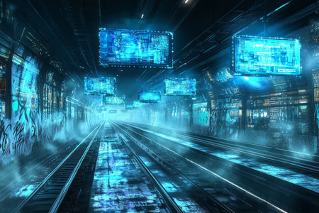 A cyberpunk 3D background of a futuristic subway station with neon-blue lighting. Digital advertisements float mid-air, displaying flickering holograms. The platform is covered in graffiti, and a sleek, driverless train approaches silently, its headlights piercing the mist.の素材