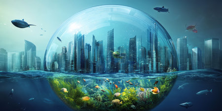 A futuristic 3D background of a hyper-advanced underwater city with luminous skyscrapers built within a massive glass dome. Schools of exotic fish swim through transparent tunnels, while high-speed submarines zoom past.の素材