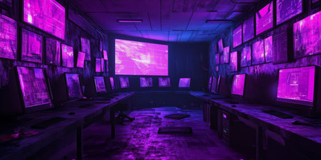 A cyberpunk 3D background displaying an underground hacker lair filled with neon-lit monitors and glowing digital codes. The dark, immersive setting suggests secrecy and high-tech espionage.の素材