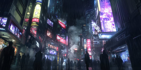 A cyberpunk-inspired 3D background of a rain-soaked city at night. Neon advertisements flicker on towering skyscrapers, while steam rises from underground vents. People in futuristic attire walk through narrow alleyways, their faces illuminated by holographic billboards.の素材