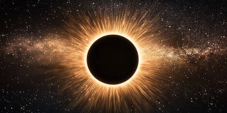 A cosmic 3D background depicting a planetary eclipse, where a dark celestial body casts an ethereal glow around a radiant star. The striking contrast of shadow and light enhances the grandeur and awe-inspiring scale of space exploration.の素材