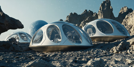 A breathtaking 3D background of an interstellar space colony built on a massive asteroid. The futuristic architecture integrates with the rocky terrain, and large observation domes reveal a stunning view of nearby planets and cosmic nebulas.の素材