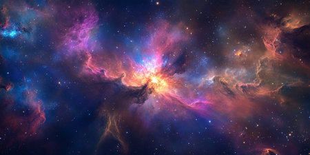 A cosmic 3D background showcasing a breathtaking nebula explosion, with swirling clouds of stardust illuminated by a central supernova. The vibrant color transitions create a mesmerizing celestial spectacle.の素材