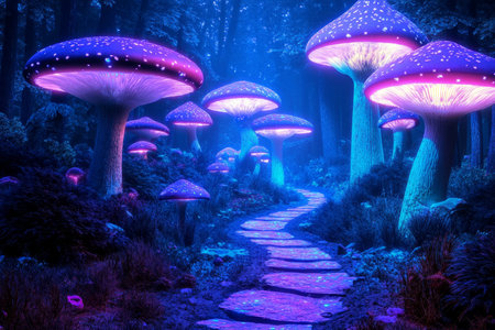 A fantasy-inspired 3D background of a glowing mushroom forest, with bioluminescent fungi casting an ethereal blue and purple light. A winding path leads through the dense, oversized mushrooms, creating a magical and mysterious atmosphere.の素材