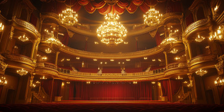 A cinematic 3D background of a grand opera house, its golden balconies overlooking a majestic red velvet stage. The crystal chandeliers sparkle under soft golden lighting, while the ghostly echo of past performances lingers in the air.の素材