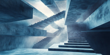 A surreal 3D background depicting floating staircases leading to nowhere, suspended in an endless void. The lighting is soft and diffused, casting mysterious shadows and creating a dreamlike, abstract atmosphere.の素材
