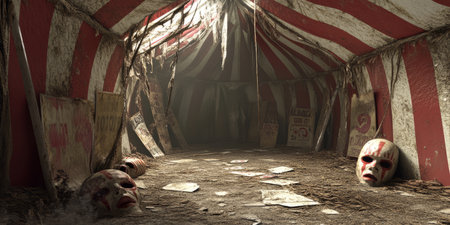A haunting 3D background of an abandoned circus tent, with faded red and white stripes barely visible under layers of dust. Broken clown masks and tattered posters litter the ground, hinting at the mysteries left behind.の素材
