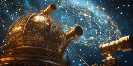 A mystical 3D background of a celestial observatory floating among the stars. The structure is adorned with golden telescopes and intricate astrolabes, while a glowing cosmic map displays constellations and planetary alignments in real-time.の素材