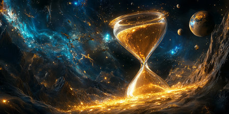 A surreal 3D background of a giant hourglass floating in space. Its sands are made of glowing golden particles that shift between dimensions. Celestial bodies orbit around it, suggesting the presence of an ancient cosmic force beyond human comprehension.の素材