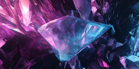 A cosmic 3D background showcasing a luminous nebula swirling around a distant galaxy. The radiant colors of deep purples, blues, and pinks blend seamlessly, creating an awe-inspiring space scene filled with depth, mystery, and cosmic wonder.の素材