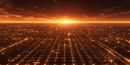 A high-tech 3D background showcasing a massive digital grid extending into the horizon, illuminated by tiny glowing nodes. The cyberpunk aesthetic represents networks, data streams, and virtual reality.の素材