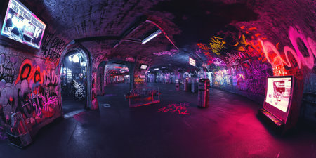 A cyberpunk 3D background of a secret underground subway system repurposed as an underground city. Vendors sell black-market cybernetic enhancements, while graffiti-covered walls display messages of rebellion against the megacorporations.の素材