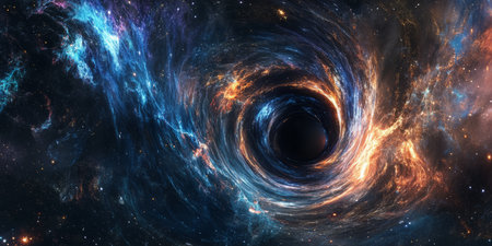 A cosmic 3D background featuring a mesmerizing black hole at the center of a swirling galaxy. The gravitational pull distorts light, creating a breathtaking celestial spectacle.の素材