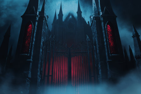 A dark and moody 3D background of a gothic vampire mansion, with towering black spires and eerie red glowing windows. Thick fog surrounds the entrance, and a massive iron gate creaks open ominously, adding to the supernatural allure.の素材