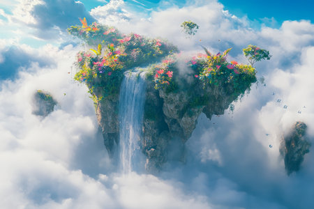 A fantasy 3D background of a floating garden in the clouds. Exotic plants with glowing petals bloom in midair, suspended by unseen forces. A shimmering waterfall cascades into the sky, vanishing into the ethereal mist below.の素材