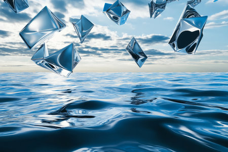 A surreal 3D background depicting a vast ocean of liquid metal with gentle waves reflecting a deep blue sky. Floating geometric structures hover above the surface, casting complex shadows on the shimmering liquid below, creating a futuristic, sci-fi aesthetic.の素材