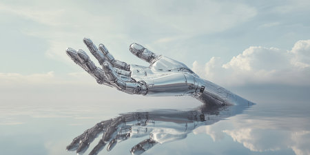A surreal 3D background depicting a giant metallic hand emerging from a reflective liquid surface, reaching towards the sky. The composition symbolizes artificial intelligence and futuristic evolution.の素材