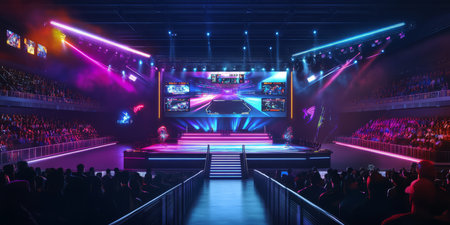A high-energy 3D background of a professional eSports arena, featuring a massive LED stage, roaring audience, and dynamic lighting effects. Giant screens display live gameplay, while neon accents add to the electrifying competitive atmosphere.の素材