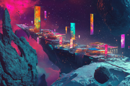A cosmic 3D background of an intergalactic marketplace built on an asteroid. Alien merchants with bioluminescent skin sell exotic goods, while colorful banners hang from hovering platforms. Distant stars shimmer against the backdrop of deep space.の素材