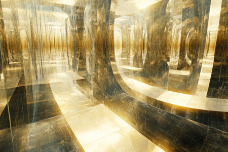 A dreamlike 3D background of an enormous mirror maze stretching infinitely in all directions. The reflections shift subtly, creating an illusion of different realities. Soft golden light filters through cracks, hinting at an exit that may not exist.の素材