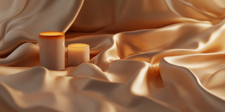 A luxury-inspired 3D background featuring a silky champagne-colored fabric gently rippling. The soft folds and rich textures, enhanced by subtle lighting, create an atmosphere of elegance and refinement.の素材