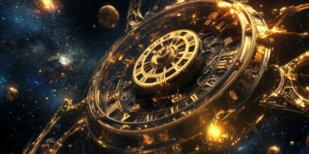 A cosmic 3D background of a giant ancient clock floating in deep space. Its golden gears move in slow, precise harmony, marking time on a celestial scale. Glowing constellations orbit around it, hinting at its cosmic significance.の素材