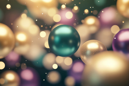 A surreal, colorful abstract background inspired by floating, glowing spheres. The weightless orbs in deep emerald, soft lavender, and radiant gold create a dreamy, cosmic, and visually mesmerizing atmosphere.の素材