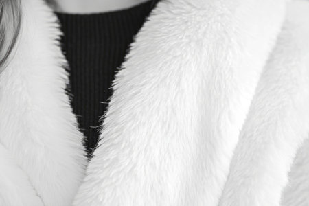 A soft, plush fabric texture background featuring faux fur in snowy white. The gentle, fluffy fibers create a luxurious, cozy surface with delicate shadows and highlights, emphasizing its warmth and inviting tactile quality.の素材