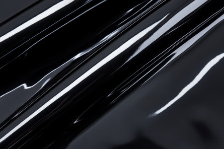 A glossy patent leather fabric texture background in deep black. The ultra-smooth, high-shine surface with realistic reflections creates a bold, edgy, and modern fashion statement, perfect for luxury and futuristic designs.の素材