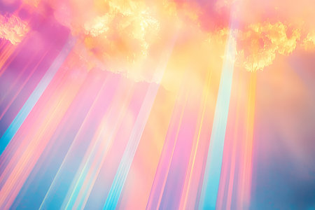 A dreamy, colorful abstract background featuring prismatic light beams breaking through mist. The glowing, refracted rays in soft pink, vibrant blue, and golden yellow create a celestial, atmospheric, and visually ethereal scene.の素材