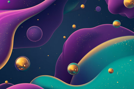 A surreal, colorful abstract background featuring gravity-defying liquid droplets. The floating, iridescent spheres in radiant violet, shimmering gold, and deep teal create a weightless, futuristic, and visually captivating aesthetic.の素材