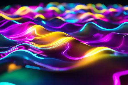 A futuristic, colorful abstract background with neon waves ripping across a dark surface. The glowing, undulating patterns in electric yellow, rich magenta, and soft cyan create a digital, high-energy, and visually hypnotic effect.の素材