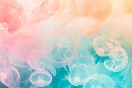 A dreamy, colorful abstract background featuring translucent, glowing jellyfish-like forms. The softly pulsating, weightless shapes in pastel cyan, radiant pink, and warm amber create an ethereal, underwater, and visually captivating composition.の素材