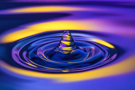 A surreal, colorful abstract background with a floating, weightless liquid effect. The smooth, reflective pools of deep sapphire, luminous violet, and radiant yellow create a mesmerizing, dreamlike, and visually hypnotic liquid metal aesthetic.の素材