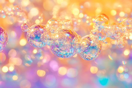 A surreal, colorful abstract background of iridescent bubbles reflecting rainbow hues. Each sphere distorts and blends colors, forming a mesmerizing composition of fluid light and motion.の素材