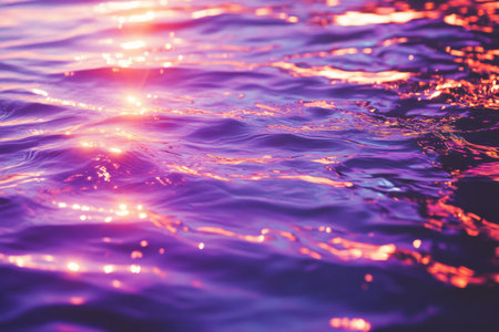 A dynamic, colorful abstract background with ripping, holographic water reflections. The liquid surface in luminous purple, glowing silver, and fiery copper creates a futuristic, mesmerizing, and visually immersive digital ocean aesthetic.の素材