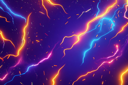 A high-energy, colorful abstract background featuring explosive neon lightning streaks. The dynamic flashes of electric purple, glowing blue, and fiery gold create an intense, dramatic, and powerful visual experience.の素材