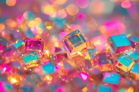 A vibrant, colorful abstract background with scattered, translucent floating prisms. The glowing, refractive shapes in neon magenta, electric cyan, and shimmering gold create a futuristic, dynamic, and visually engaging scene.の素材