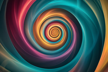 A surreal, colorful abstract background inspired by fractal patterns. The infinitely repeating spirals of vibrant turquoise, golden amber, and rich magenta form a hypnotic, complex, and mathematically precise visual masterpiece.の素材