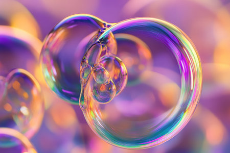 A radiant, colorful abstract background inspired by the shimmering effect of soap bubbles. Iridescent hues of soft lavender, neon green, and warm amber shift and reflect light, forming a mesmerizing and fluid optical illusion.の素材