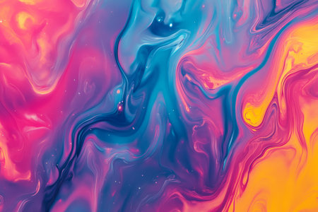 A vibrant, colorful abstract background inspired by cosmic nebulae. The swirling, gaseous clouds in radiant magenta, deep cerulean, and golden amber create a celestial, dreamlike, and visually stunning cosmic atmosphere.の素材