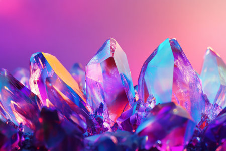 A dreamy, colorful abstract background with iridescent crystal formations. The sharp, refracted edges in neon cyan, warm violet, and deep ruby create a luxurious, surreal, and visually stunning effect.の素材