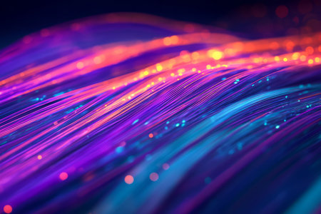 A futuristic, colorful abstract background with glowing fiber-optic strands. The luminescent threads of electric cyan, neon orange, and deep purple weave together, forming a high-tech, visually intricate, and immersive aesthetic.の素材