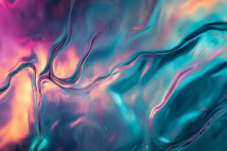 A fluid, colorful abstract background with iridescent liquid textures. The soft, metallic waves of radiant teal, fiery coral, and luminous violet create a futuristic, dynamic, and visually hypnotic experience, resembling liquid metal.の素材