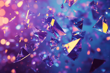 A radiant, colorful abstract background with floating shards of glowing glass. The reflective, sharp fragments in electric cyan, deep violet, and shimmering gold create a futuristic, sci-fi, and visually dazzling digital aesthetic.の素材