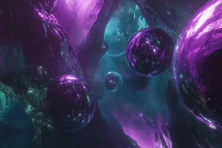 A surreal, colorful abstract background featuring floating, liquid-like metal orbs. The highly reflective surfaces in shades of deep violet, glowing silver, and bright cyan create a mysterious, futuristic, and visually mesmerizing scene.の素材