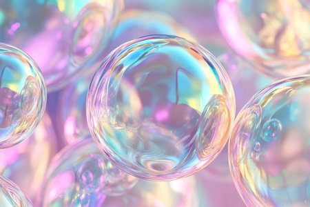 A mesmerizing, colorful abstract background featuring iridescent soap bubble textures. The swirling, reflective surfaces in pastel pink, neon blue, and glowing amber create a surreal, liquid-like, and visually dynamic effect.の素材
