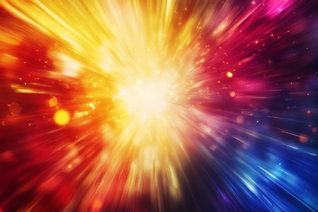 A bold, colorful abstract background featuring radiant, pulsating starbursts. The glowing, expanding light in fiery red, electric yellow, and deep royal blue creates a cosmic, dynamic, and visually breathtaking scene.の素材